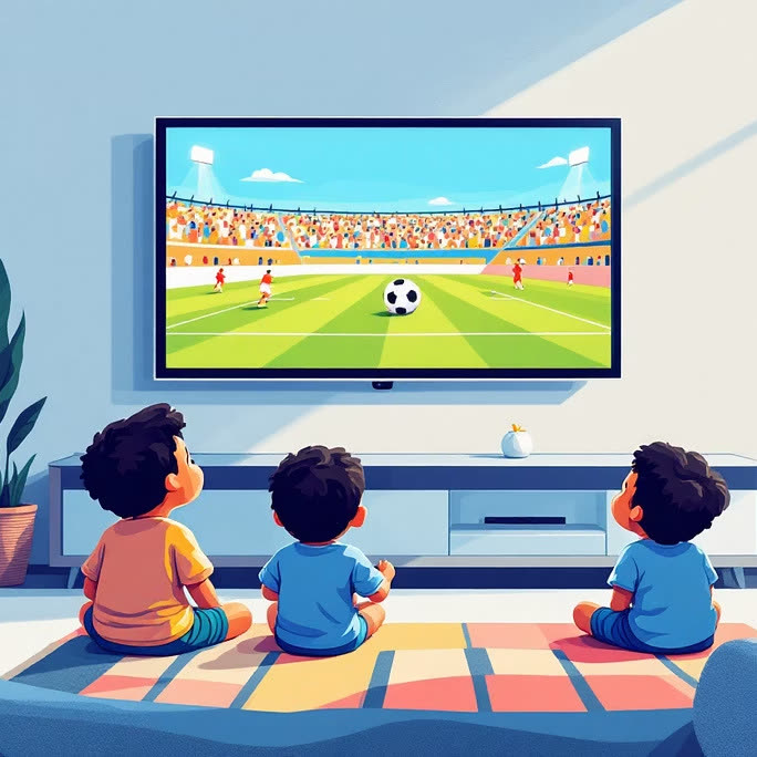 A family watching a football match on TV